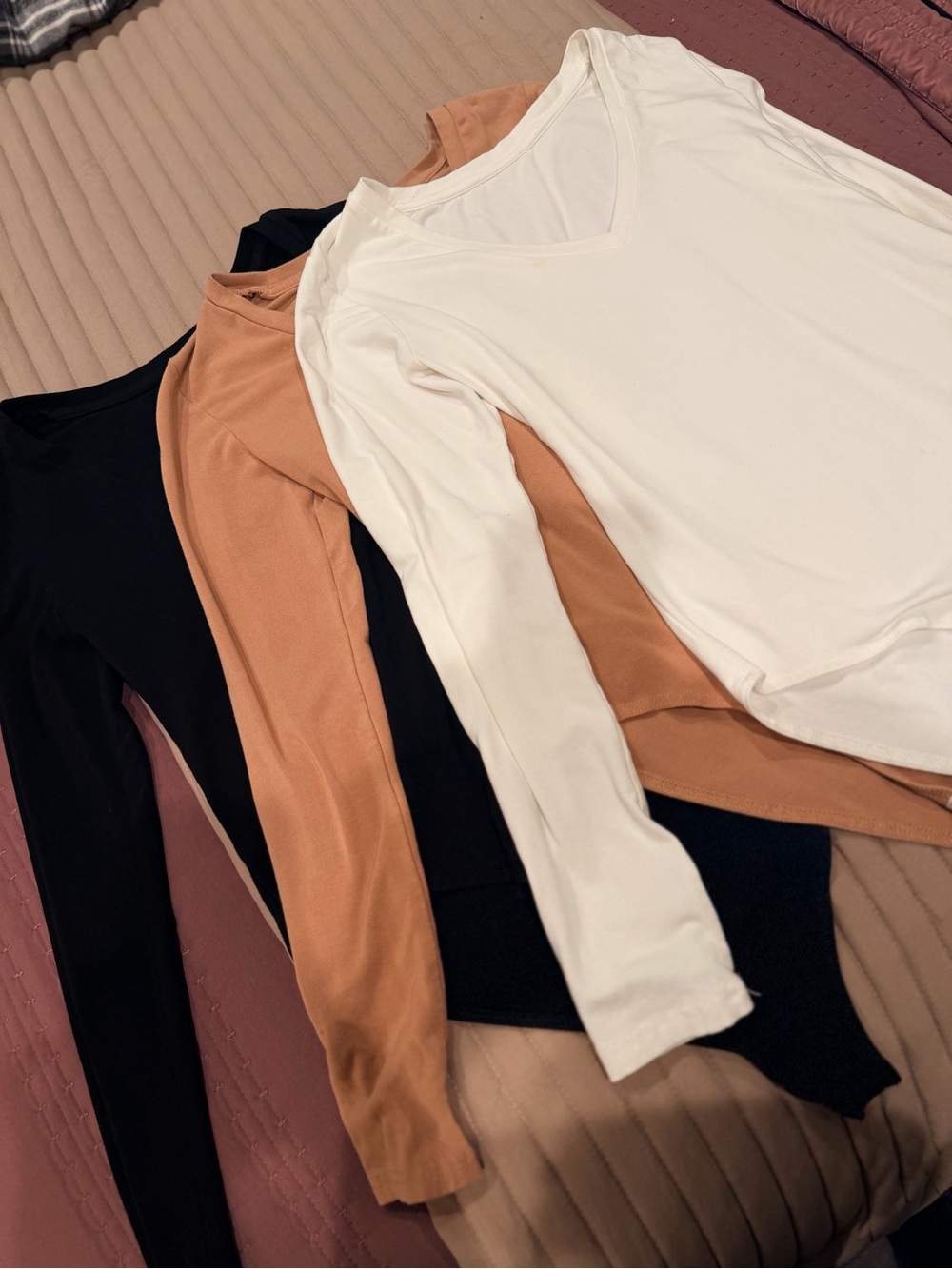 Women's V-Neck Long-Sleeve Bodysuit - White, Black, Tan